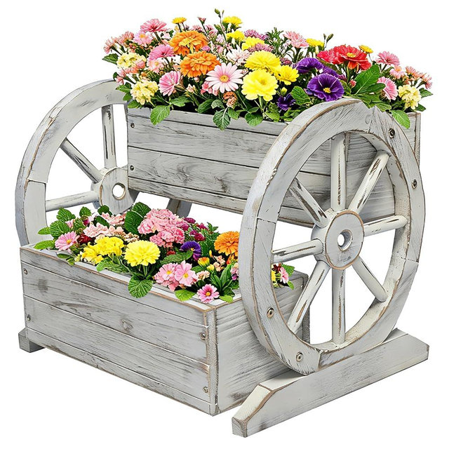 NestNature Wooden Wagon Planter Box,Raised Garden Bed,Decorative Garden Planters with Wheels-Outside Flower Pots for Indoor/Outdoor Décor Plants (Antique White)