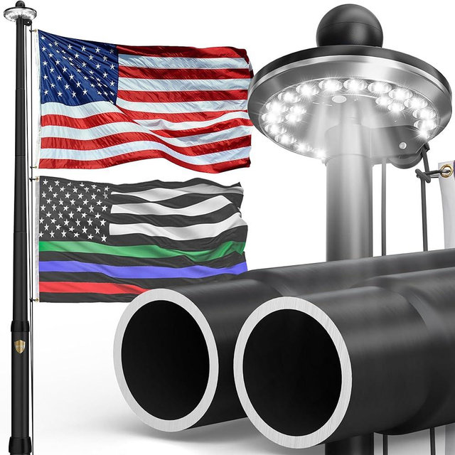 KBLOONG 25FT Heavy Duty Flag Pole for Outside House,Black Aluminum 2.68" Bottom Tube Flag Pole with Solar Light,In Ground Flagpole for Yard,Commercial,Outdoor,100MPH Wind Tested