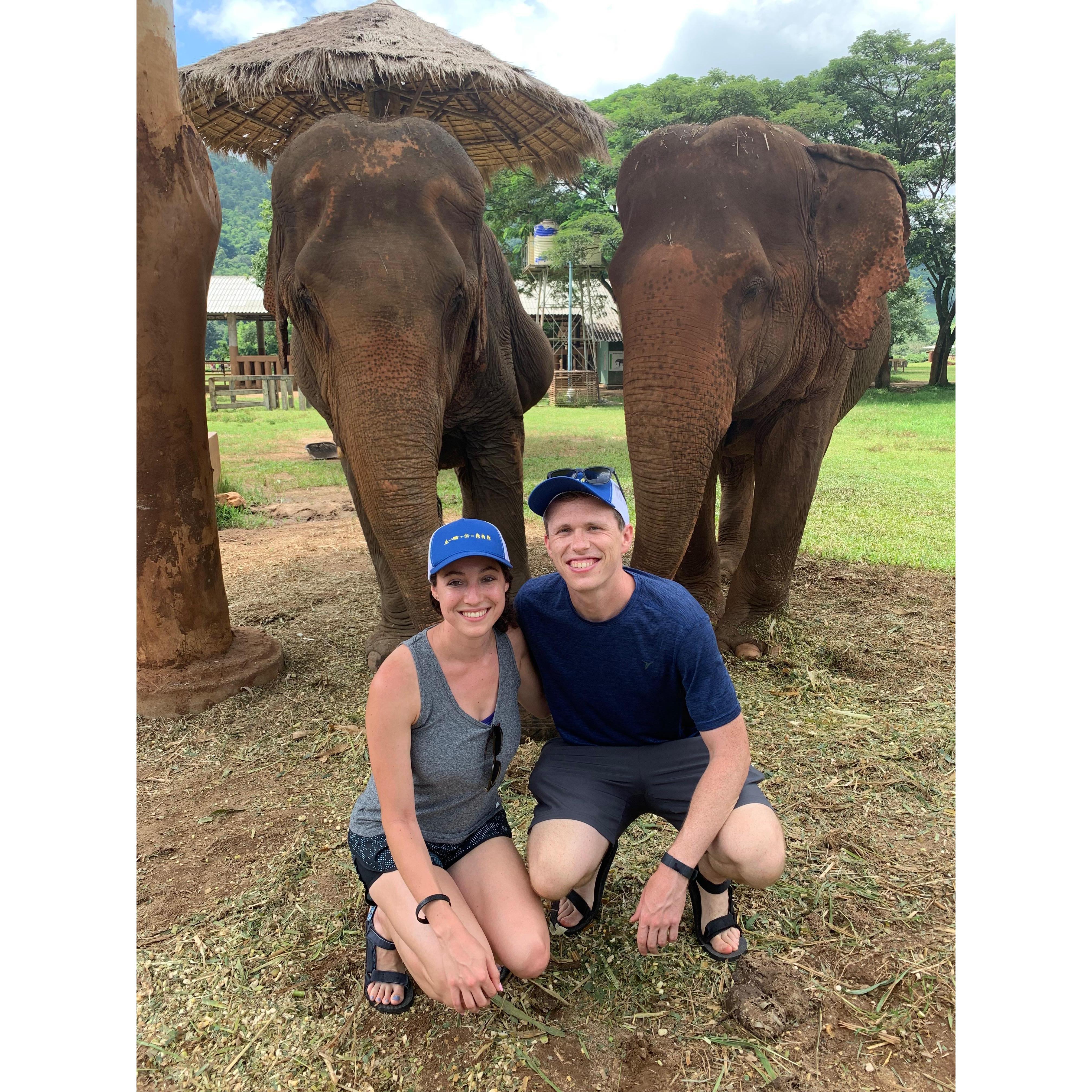 Hanging with elephants during our trip to Thailand in August 2019
