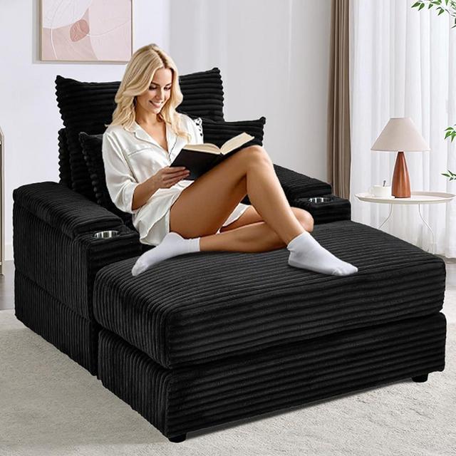 Suheww Oversized Corduroy Chair with Ottoman, 42.51" Black Large Accent Chair Lounge Indoor with Storage & Cup Holder, Cozy Reading Sleeper Chaise Living Room Lumber Support Armchair for Bedroom
