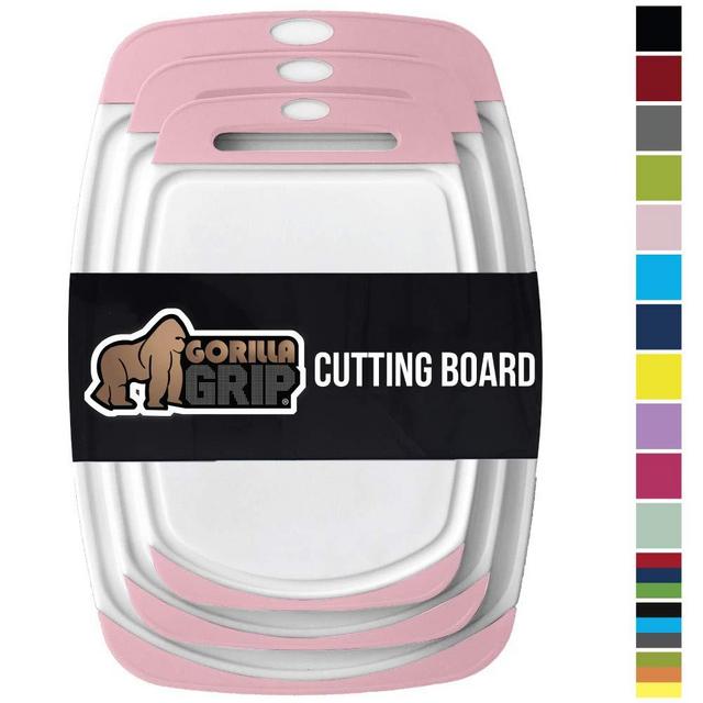 GORILLA GRIP Original Oversized Cutting Board, 3 Piece, BPA Free, Juice Grooves, Larger Thicker Boards, Easy Grip Handle, Dishwasher Safe, Non Porous, Extra Large, Kitchen, Set of 3, White Pink