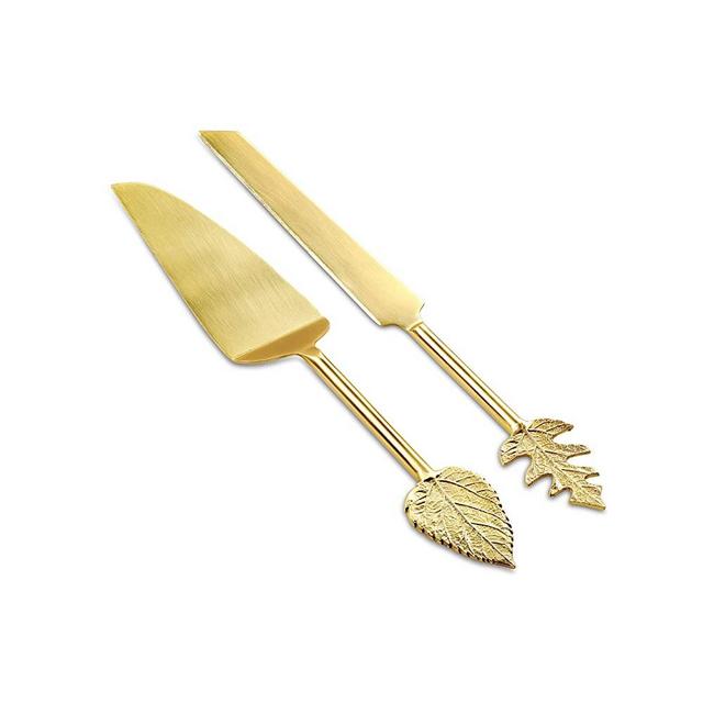 Folkulture Wedding Cake Knife and Server Set, Stainless Steel Cake Cutting Set or Pie Patry Serving Set, Large 2-piece Dessert Set, Gold Leaf