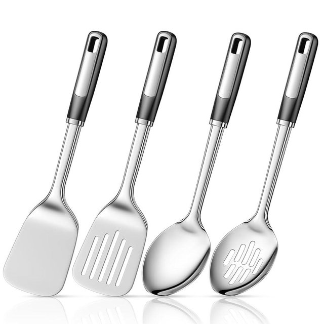 4-Piece Stainless Steel Utensils Set, Heavy-Duty Thickened Cooking Utensils – Solid & Slotted Turner, Solid & Slotted Spoon, Metal Spatula Set for Kitchen, Durable Steel Utensils for Cooking