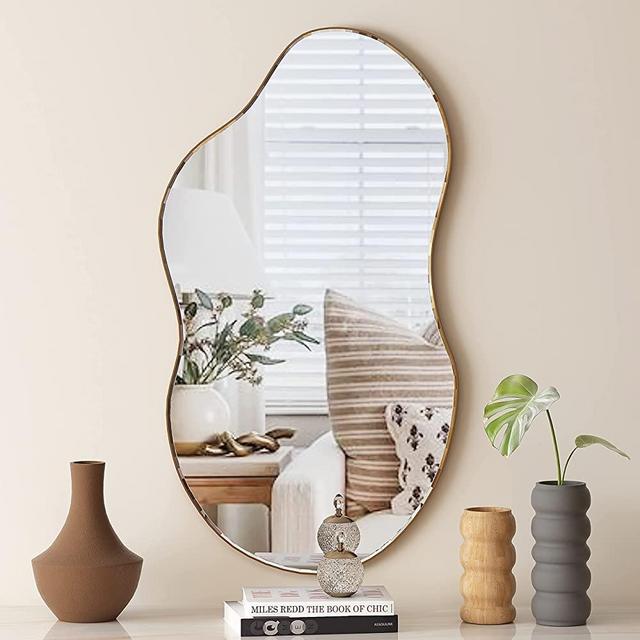 SHYFOY Irregular Mirrors for Wall Decor, 22"x36" Asymmetrical Wall Mirror Decorative Wavy Mirror for Living Room Bathroom Bedroom Entryway, Abstract Shape Curvy Mirror, Antique-Gold
