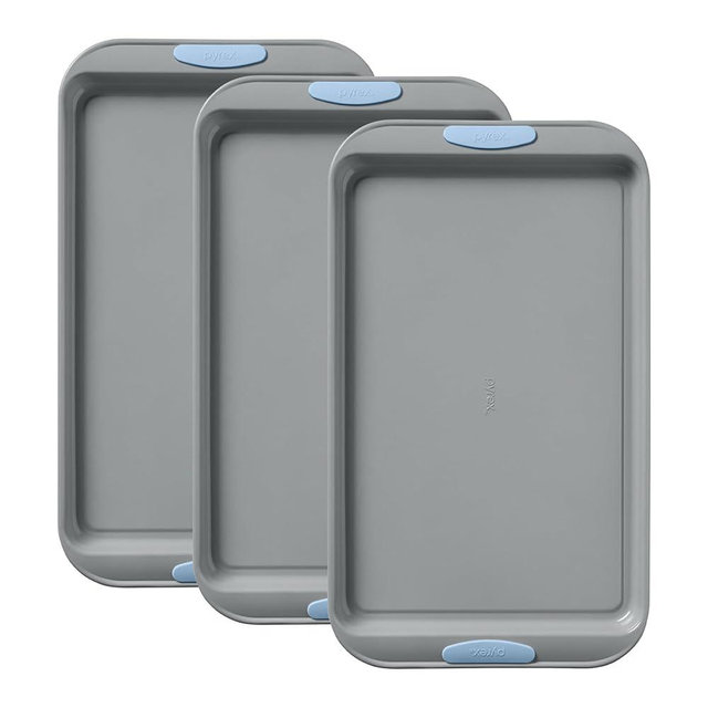 Pyrex (3-Piece) Metal Cookie Sheet Bakeware Set, Lightweight Stainless Steel Baking Trays with Heatsafe Silicone Handles, Cookie Sheet Baking Pan, Cerulean