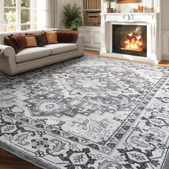 Lessymo 8 x 10 Area Rugs for Living Room, Machine Washable Area Rugs Boho Faux Wool Low Pile Area Rug for Bedroom, Floral Medallion Vintage Rugs with Non-Slip Rubber, Kid & Pet Friendly, Grey White