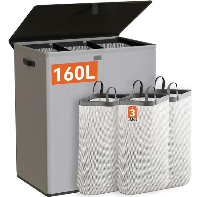 WOWLIVE Laundry Hamper with Lid,160L Large Laundry Basket 3 Section with Removable Washing Bags,Collapsible Waterproof Dirty Clothes Hamper for Laundry Room Bathroom Dorm,Grey