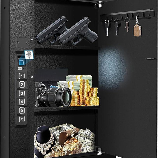 Wall Safe, Hidden Fingerprint Security wall Safe, In Wall Safe Between Studs, Upgraded Biometric/Keypad/Key Access, Secure Handgun, Documents, Jewelry, Valuables (Biometric Fingerprint)