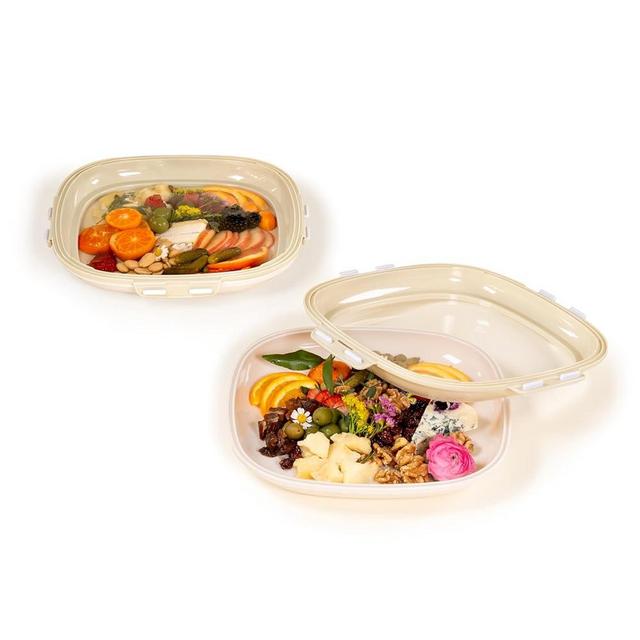 Crudités 2-Pack Portable Snack Tray | Food Containers with Reversible Stretch Lid | BPA-Free, Reusable, Freezer & Dishwasher Safe | Great for Meal-Prep, Charcuterie, Salads, Picnic, Travel & More