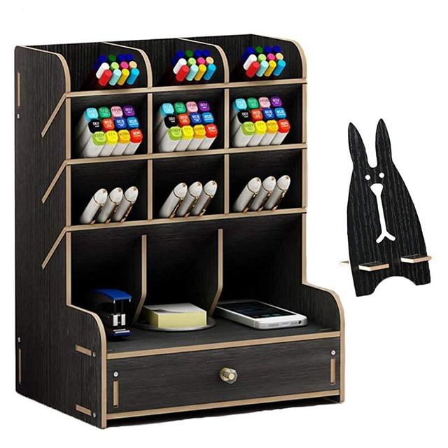 Marbrasse Wooden Desk Organizer, Multi-Functional DIY Pen Holder Box, Desktop Stationary, Home Office Supply Storage Rack with Drawer (B11-Black)
