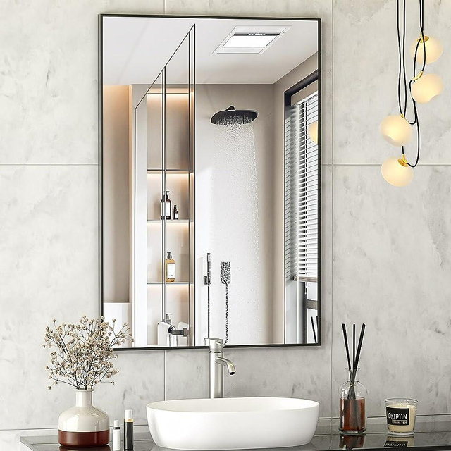 Koonmi 24"x32" Wall Bathroom Mirror, Black Rectangular Wall-Mounted Mirror for Bathroom with Aluminum Alloy Frame Bathroom Mirror Hangs Horizontal or Vertical Ideal for Bedroom Living Room