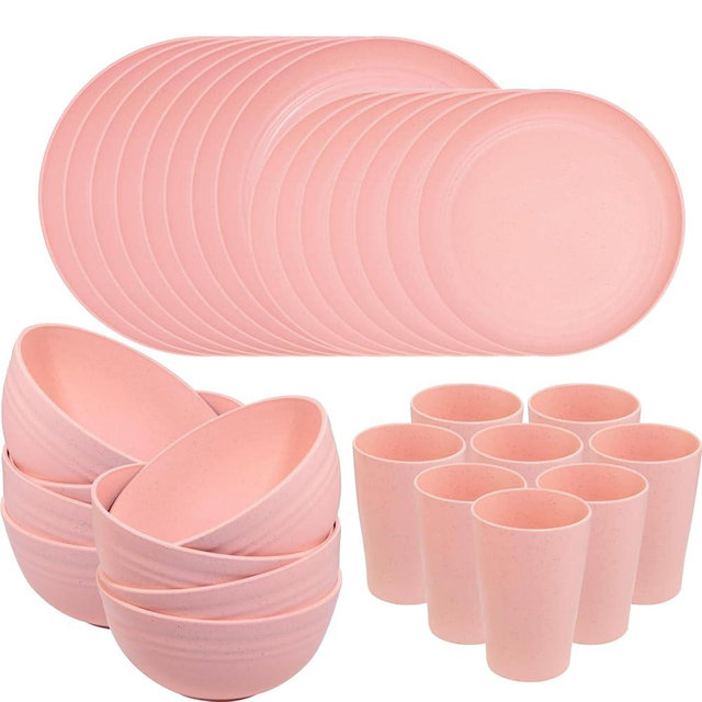 Supernal Pink Wheat Straw Dinnerware Sets, Pink Dishes for 8, Plates and Bowls Sets, Reusable Plastic Plates, Microwave Dishwasher Safe Plates, Pink Plastic Dinnerware Set, Pink Plastic Plates