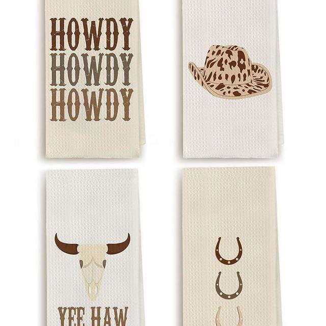 Zeghk Western Howdy Hat Bull Skull Highly Absorbent Kitchen Towels Dish Towels Set of 4, Yeehaw Horseshoe Western Decorative Hand Tea Towel for Kitchen Home Cooking Baking Cleaning, 16×24 Inches