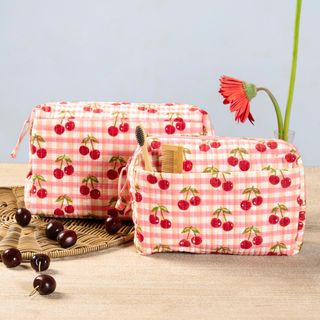 Cherry 2-Piece Gingham Blockprint Makeup Bag Set