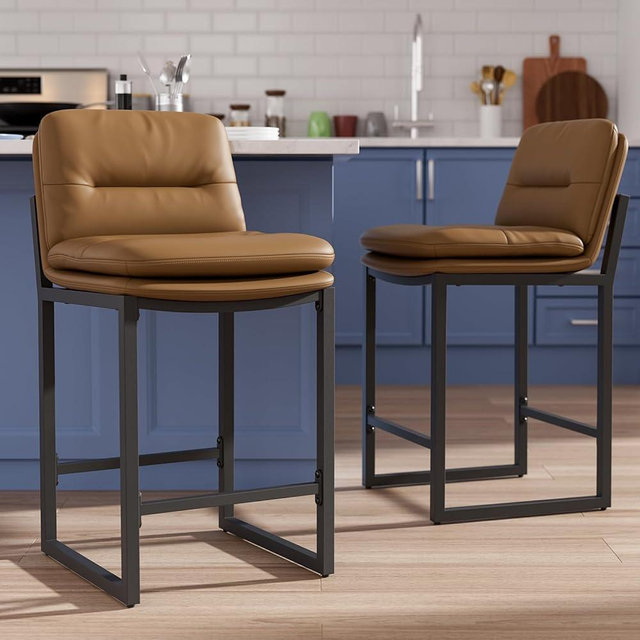 Sucrever Brown Bar Stools Set of 2, 24 inch Leather Counter Stools with Backs and Metal Frame, Counter Height Bar Stools for Kitchen Island