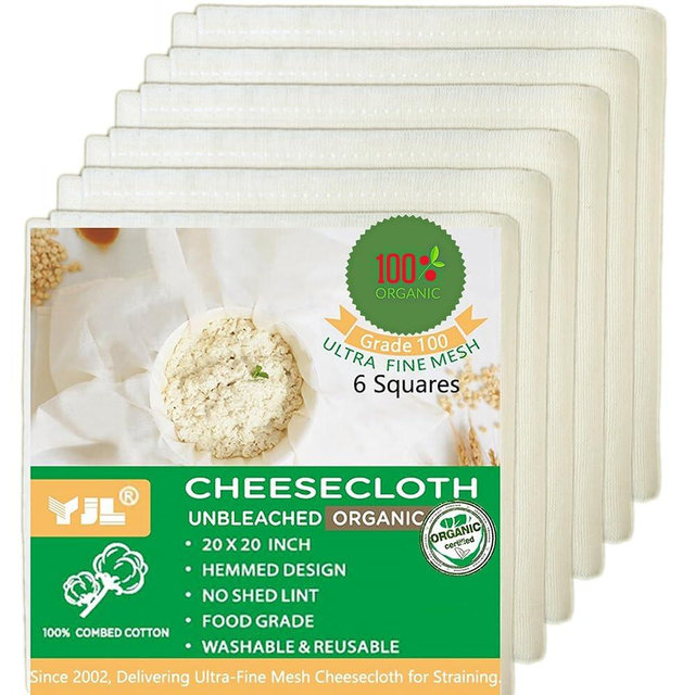 YJL Organic Cheese Cloths Grade 100, 6 PCS 20x20 Inch, Hemmed Unbleached Cheesecloth for Straining, Ultra Fine Reusable Cheesecloth for Cooking, Roasting, Cheese Making, Steaming