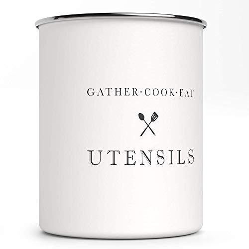 Barnyard Designs Metal Utensil Crock Holder, Rustic Farmhouse Countertop Decor, Country Kitchen Utensil Storage Caddy Organizer, White, 5.5" x 6.75”