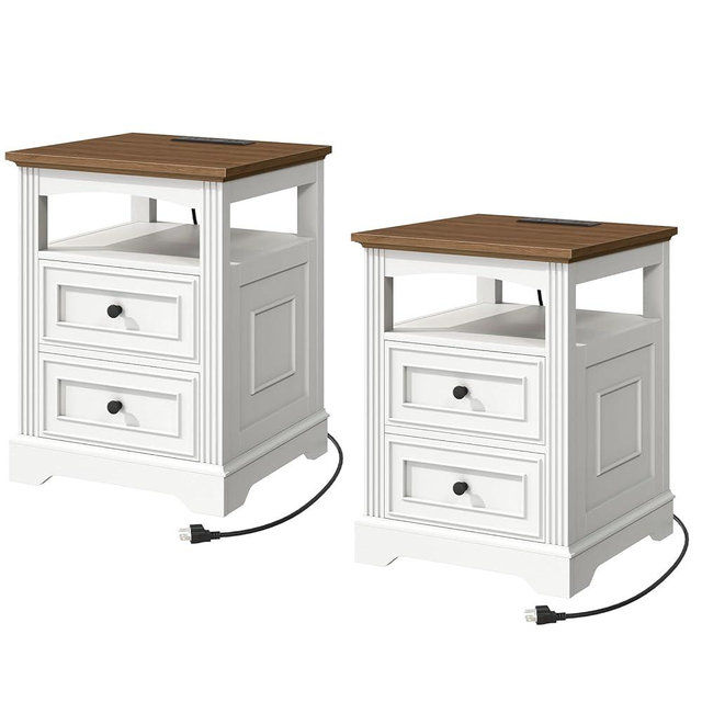 RALGEND Farmhouse End Table Set of 2, Large Side Table with Charging Station and Drawers, Square Rustic Wooden Nightstand for Living Room, White and Walnut