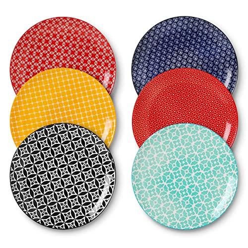 DOWAN Salad Pasta Plates, 10 Inches Dinner Plates Set of 6, Colorful Porcelain Plates for Brunch, Steak
