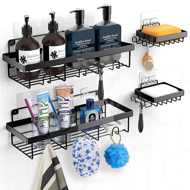 EXQLIFE Shower Caddy Shelf with Hooks Storage Rack Organizer ，Can be wall-mounted without holes for Bathroom, Washroom, Restroom, Shower, Toilet, Kitchen - 2Pack(Matte Black)