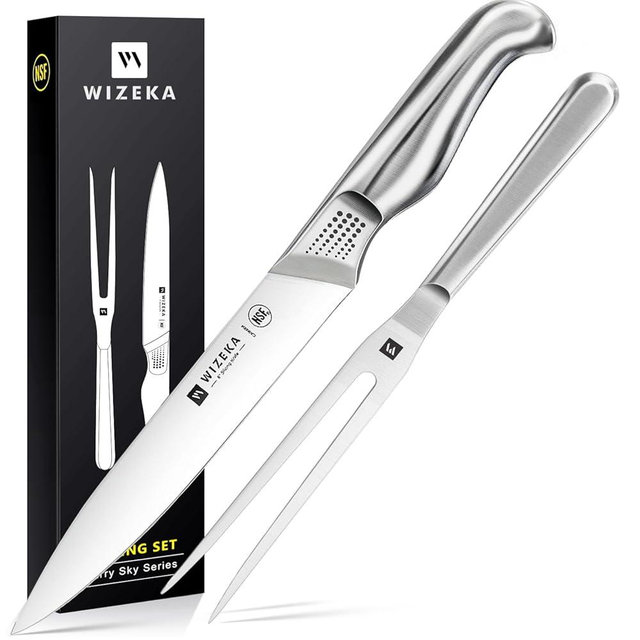 WIZEKA 8-inch Turkey Carving Knife Set 2 PCS,Stainless Steel Carving Knife and Fork Set,Extremely Sharp and Pointed Carving Sets for Meat with Gift Box