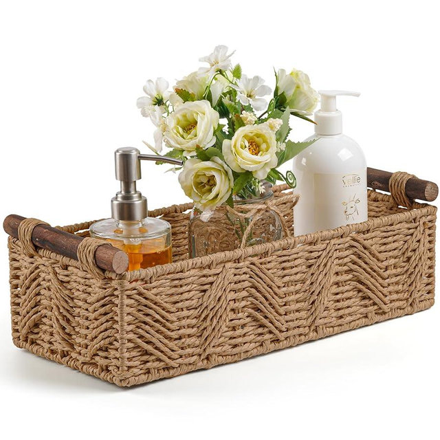 Bathroom Baskets for Organizing with Handle Decorative Basket for Bathroom Countertop Storage Toilet Paper Storage Basket for Toilet Tank Top Small Baskets Set,Cream