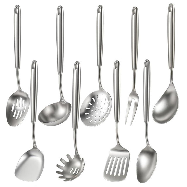 Newness 9 Pcs Cooking Utensils Set, 304 Stainless Steel Kitchen Utensils Set, Metal Kitchen Accessories, Include Soup Ladle, Slotted Skimmer Spoon, Spaghetti Spoon and Spatula, Dishwasher Safe (Short)