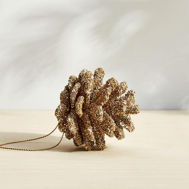 Gold-Beaded Glitter Pinecone Ornament