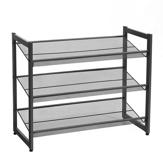 SONGMICS 3-Tier Stackable Shoe Rack with Adjustable Flat or Angled Shelves, for Closet, Garage, Entryway, Holds 9-12 Pairs, Black