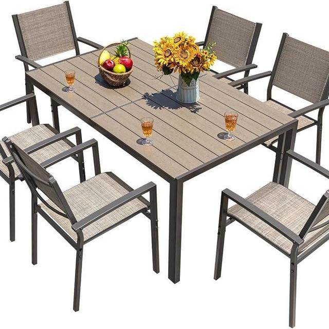 Homall Patio Dining Set 7 Pieces Outdoor Furniture with Large Table and 6 Textilene Chairs for Porch, Brown