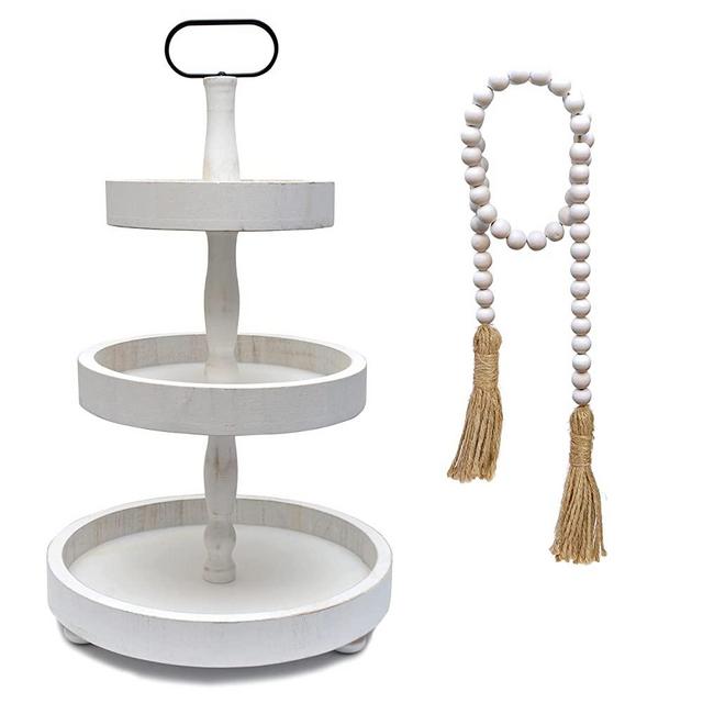 3 Tiered Tray Farmhouse Decor with Bead Garland, White Tiered Tray Stand, 3 Tier Tray Decor, Wood Tiered Tray, Three Tiered Tray, Decorative Tiered Tray Wood, Rustic Tiered Tray Wooden Tiered Tray