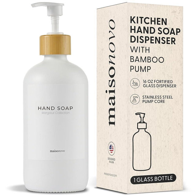 MaisoNovo Glass Hand Soap Dispenser | Dish Soap Dispenser for Kitchen | 16.9oz White Bottles with White Bamboo Pump | Bathroom Lotion Dispenser