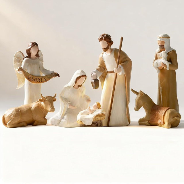 Storieme Christmas Nativity Set Indoor: 8-Piece 7.56 Inches Religious Resin Figurines Nativity Scene for Farmhouse Tabletop Decor Holiday Tradition
