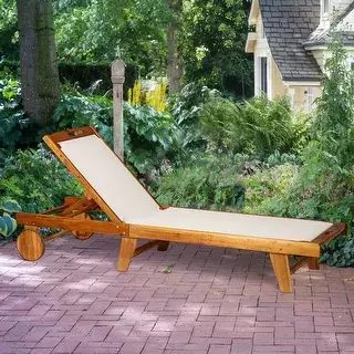Outsunny Mesh Acacia Wood Adjustable Outdoor Sun Lounger with Wheels