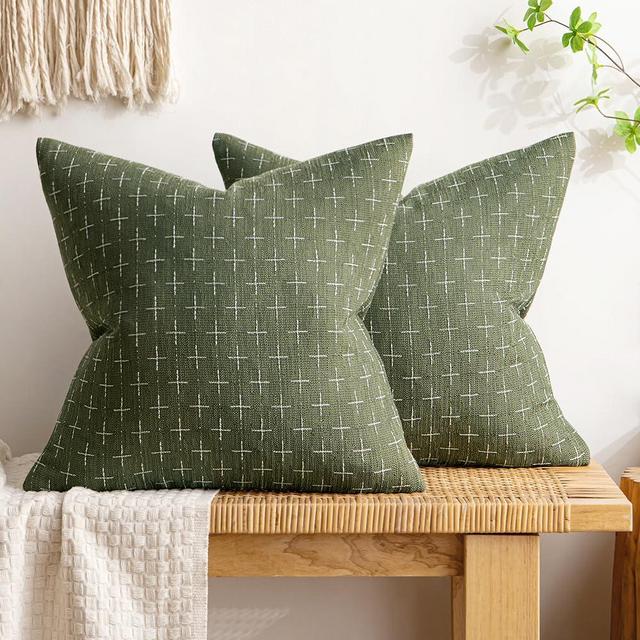 MIULEE Pack of 2 Decorative Burlap Linen Throw Pillow Covers Modern Farmhouse Pillowcase Rustic Woven Textured Cushion Cover for Sofa Couch Bed 18x18 Inch Olive Green