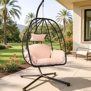 Egg Chair with Stand Outdoor Ratten Wicker Hanging Egg Chair Outdoor Indoor with Thickened Cushion Swing Chair Hammock for Patio Apartment Bedroom Garden Balcony (Brown Wicker+Khaki Cushion)