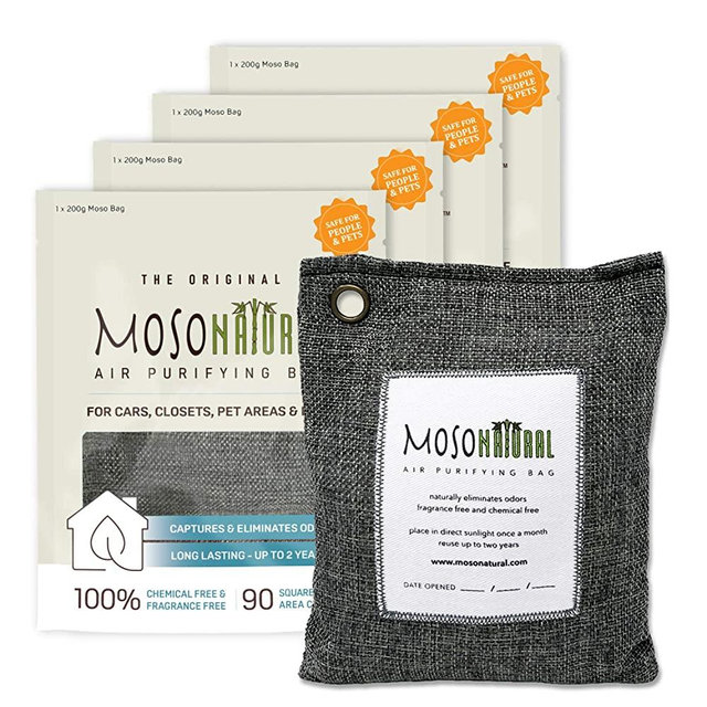 MOSO NATURAL: The Original Air Purifying Bag. for Cars, Closets, Bathrooms, Pet Areas. an Unscented, Chemical-Free Odor Eliminator. 200g 4 Pack (Charcoal)