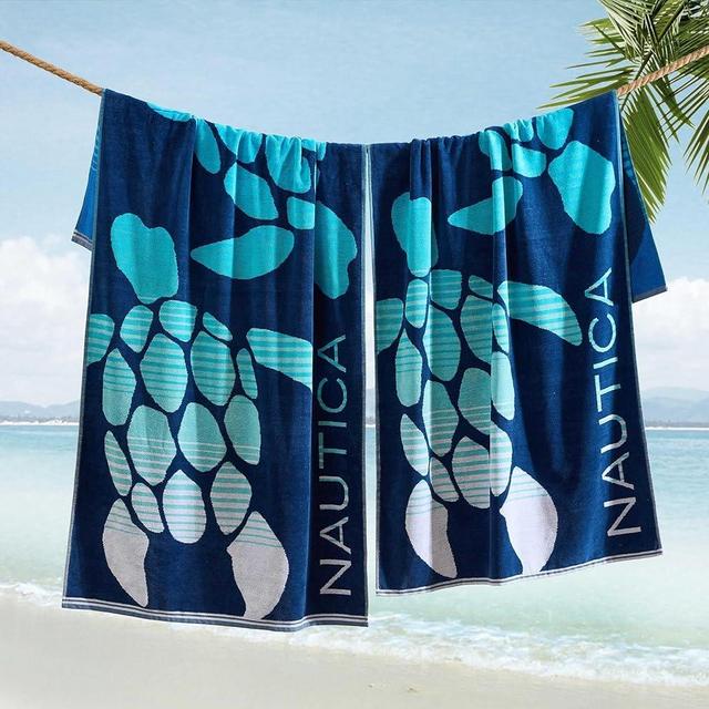 Nautica - Oversized Beach Towel Set, Soft Plush Velour Towels with Hanging Loop, Quick Dry & Absorbent, Beach Vacation Essentials for Adults & Travel (Turtle Beach Blue, 2-Pack)