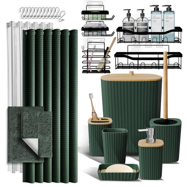 Bathroom Accessories Set with Shower Caddy and Bath Rugs 27PC Bathroom Accessory Set with Shower Caddies Green Bath Rugs, Shower Curtain Set, Toilet Brush, Trash Can, Soap Dispenser, Toothbrush holder