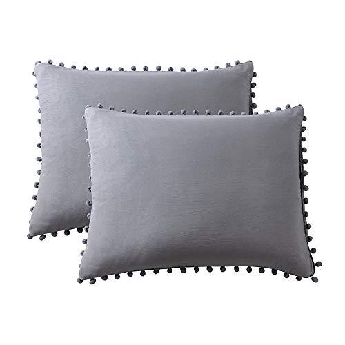 MoonxHome Pom Pom Fringe Pillowcases, Double Brushed Microfiber Pillow sham Pillow Cover Set King Size Light Grey