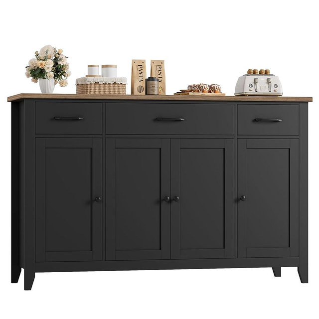 HORSTORS 55" Buffet Cabinet, Modern Farmhouse Sideboard Buffet with Drawers, Large Kitchen Storage Cabinet with Adjustable Shelves, Wood Coffee Bar for Kitchen, Dining Room, Living Room, Black