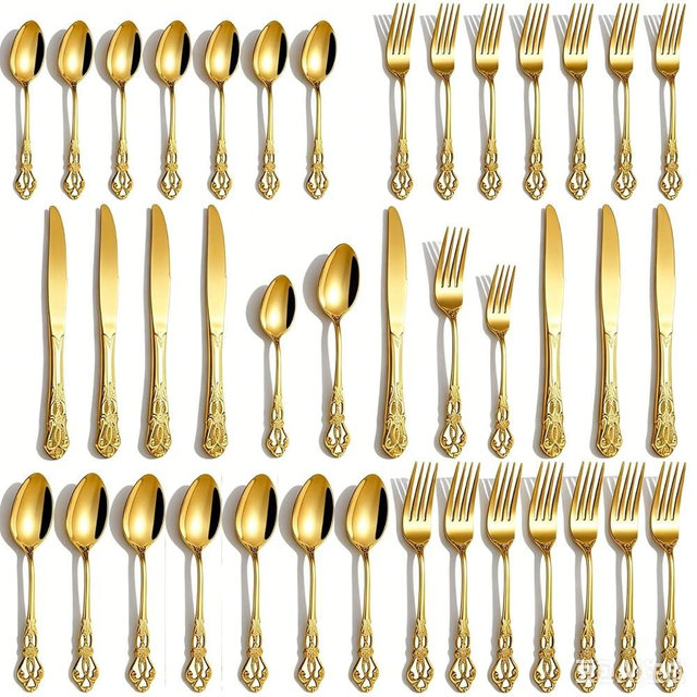 Cididu 40 Pieces Gold Silverware Set for 8, Retro Royal Utensils Set Gold, Stainless Steel Flatware Dinnerware Set Including Forks Spoons and Knives Cutlery Set for Kitchen Wedding Party