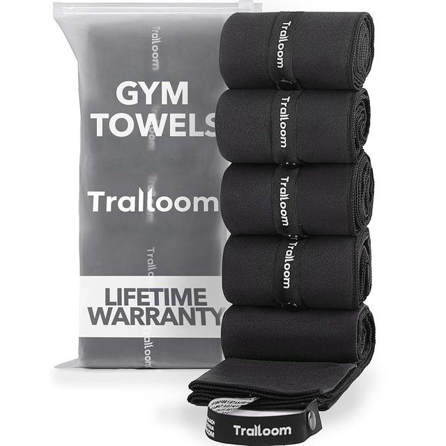 Trailoom Microfiber Workout Towels - Quick Dry, Highly Absorbing, Odor-Free, for Men & Women - Gym Sweat Sports Towel for Hot Yoga, Tennis, Running, Exercise, Working Out, Camping, Set of 5 Black