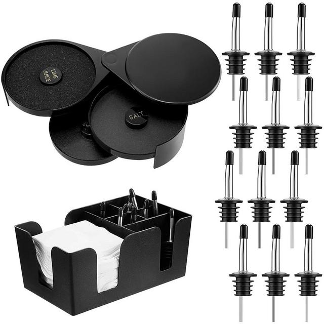 Mifoci 3 Tier Bar Glass Rimmer Bartender Tool Salt Rimmer for Cocktails Margarita 12 Pcs Stainless Steel Classic Bottle Pourers and Bar Caddy Set with 6 Compartments for Bartender Accessories Party