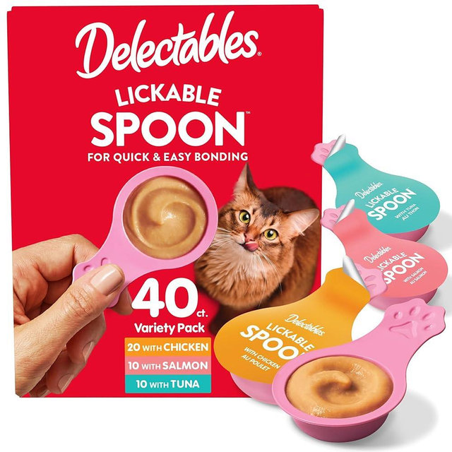 Delectables Lickable Spoon Handheld Wet Cat Treats Made with Real Tuna, Creamy Puree, Mess Free, Quick & Easy, Grain-Free, No Added Fillers, No Added Preservatives, Variety Pack 40ct