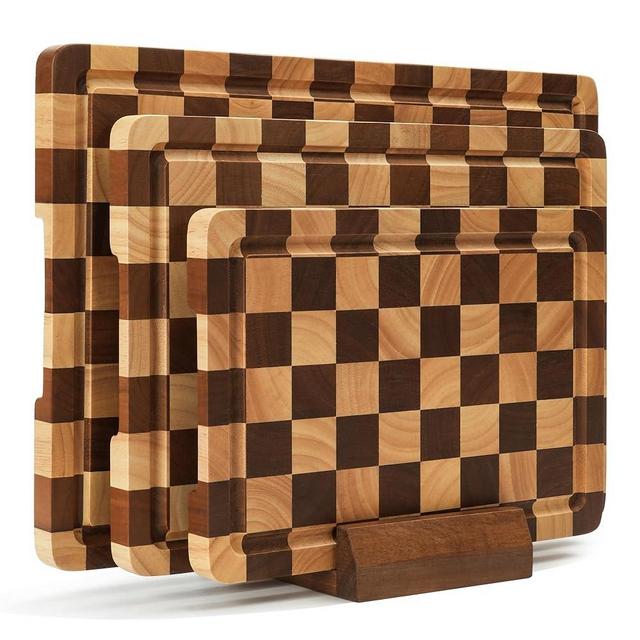 Checkered Cutting Board Set, 3-Piece Wood Checkerboard Cutting Boards for Kitchen with Stand, Chopping Board Set with Juice Groove & Handle for Meat, Vegetables, Cheese & Serving