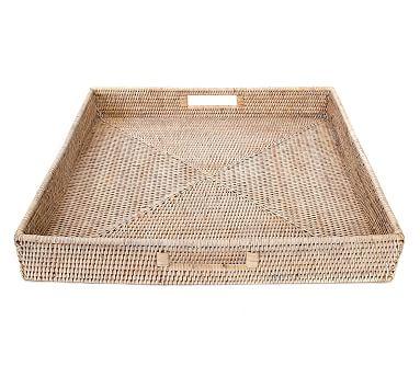 Tava Handwoven Rattan Square Serving Tray, White Wash