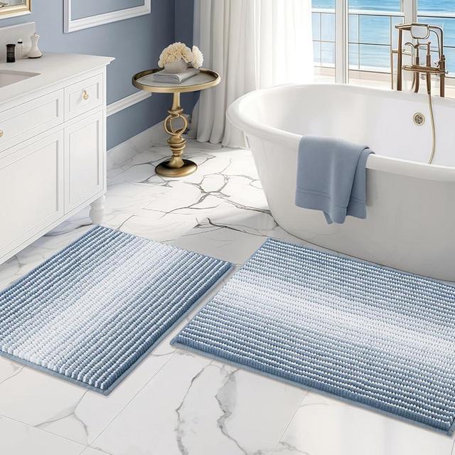 BSICPRO Bathroom Rugs and Mats Sets, 2 Piece Thick Absorbent Chenille Bath Mat Rug Set Non Slip, Soft Shaggy Bath Room Floor Mats for Bathroom, Machine Washable (Fog Blue, 20" x 32" Plus 16" x 24")