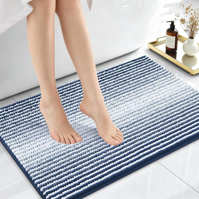 OLANLY Small Bathroom Rugs 24x16, Extra Soft Absorbent Chenille Striped Bath Rugs, Rubber Backing, Machine Wash Dry, Bath Mats for Bathroom Floor, Tub and Shower, Home Decor Accessories, Navy