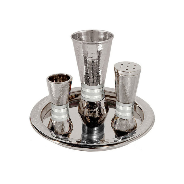 Yair Emanuel Havdalah Set - Modern Spice Box Kiddush Cup and Havdalah Candle Holder - Silver Colored Rings